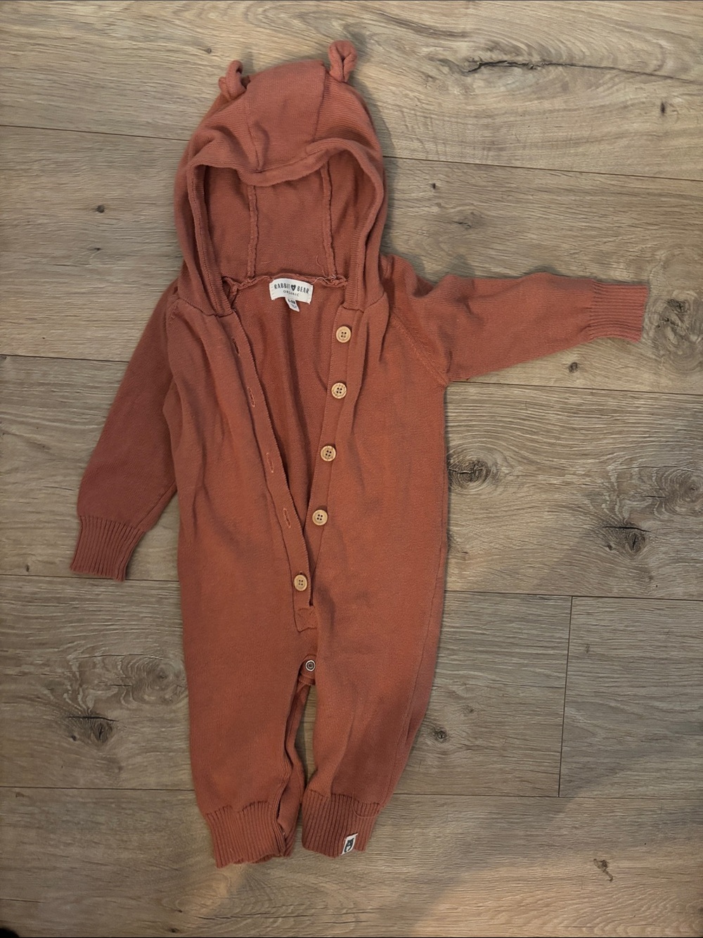 Rabbit + Bear Terracotta Knit Hooded One-Piece with Wooden Buttons and ears